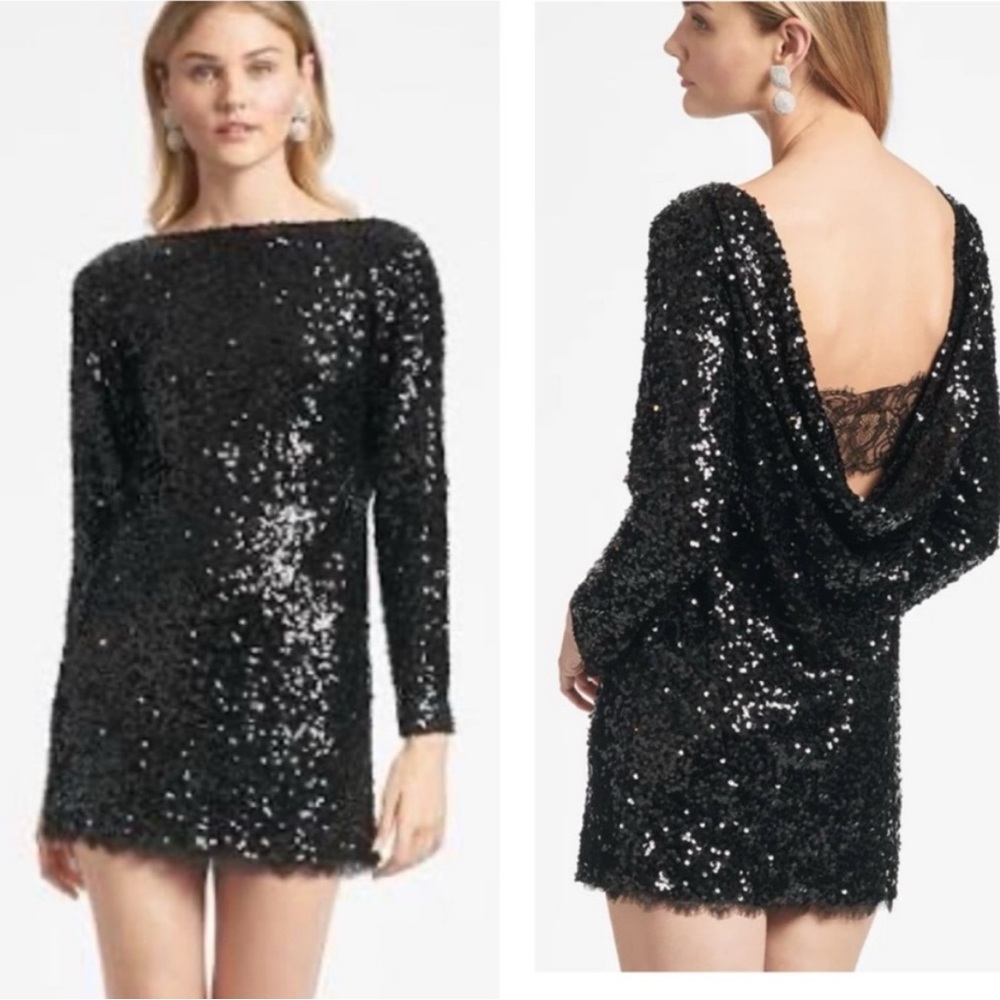 Sachin and Babi Black Cameron Sequin Mini Dress: Long Sleeve